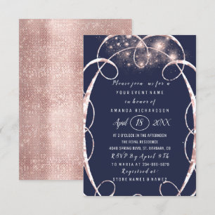 Invitation Fête des mariées Rose Gold Confetti Blue Navy