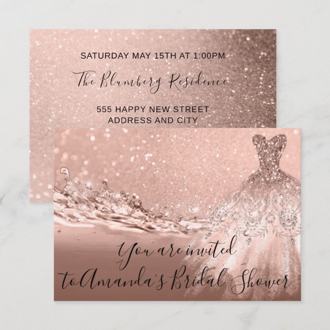 Invitation Fête des mariées Rose Gold Robe Parties scintillan (Devant / Derrière)