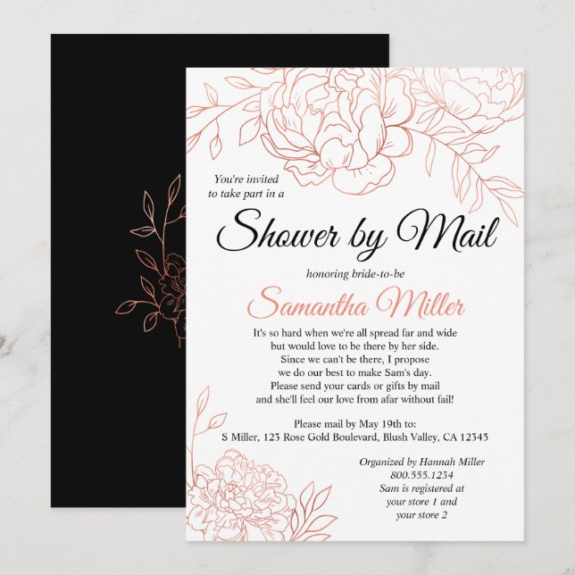 Invitation Fête des mariées rose Gold Sketched Flowers par co (Devant / Derrière)