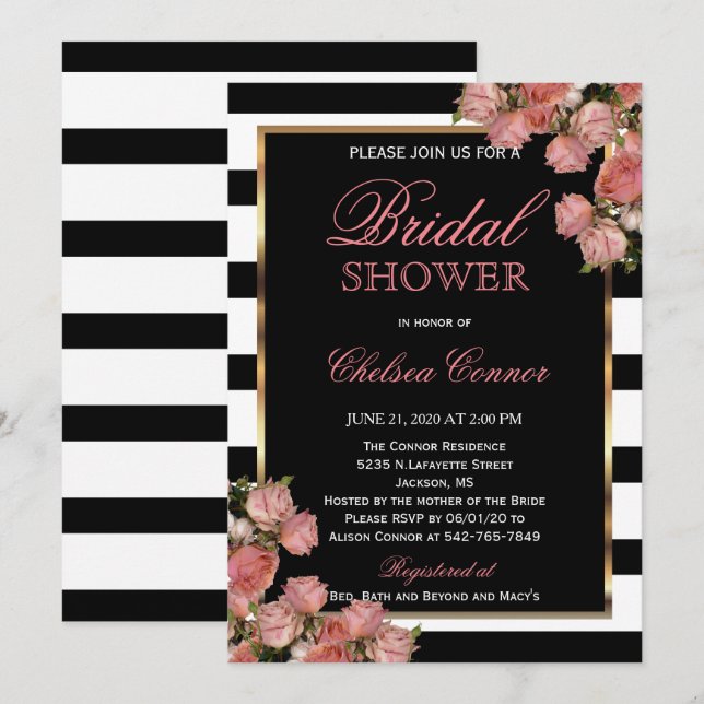 Invitation Fête des mariées - Rose Mariage or noir et blanc (Devant / Derrière)