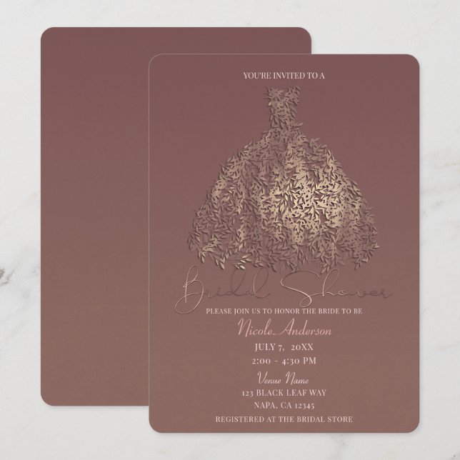 Invitation Fête des mariées rose Mauve Botanique feuille d'or (Devant / Derrière)