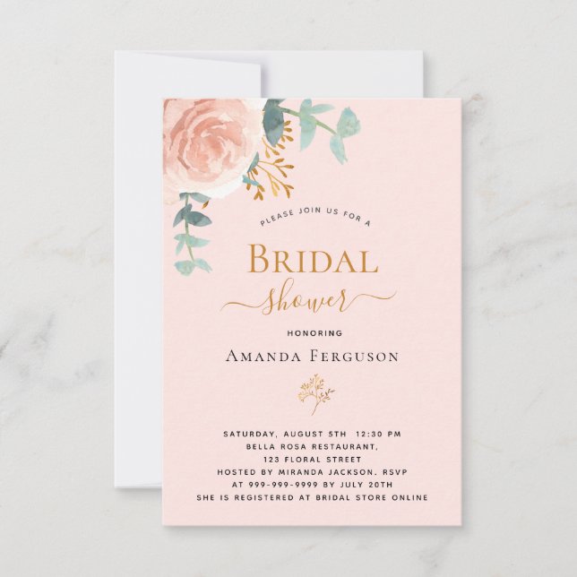 Invitation Fête des mariées rose or floral eucalyptus élégant (Devant)