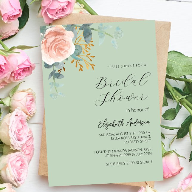 Invitation Fête des mariées rose or floral sauge vert script (Créateur téléchargé)