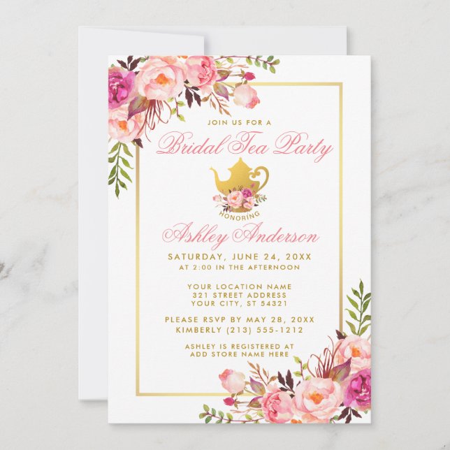 Invitation Fête des mariées rose or Floral Tea Party Invitati (Devant)