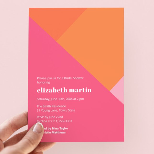 Invitation Fête des mariées rose orange moderne en blocs de c (Bold color block bridal shower geometric invitation design in magenta, clementine, mandarin & pink)