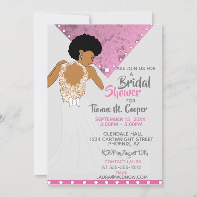 Invitation Fête des mariées rose pour une femme afro-américai (Devant)