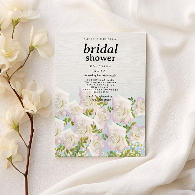 Invitation Fête des mariées rose rustique en bois blanc rose  (Rustic white wood pink mint roses Bridal Shower)