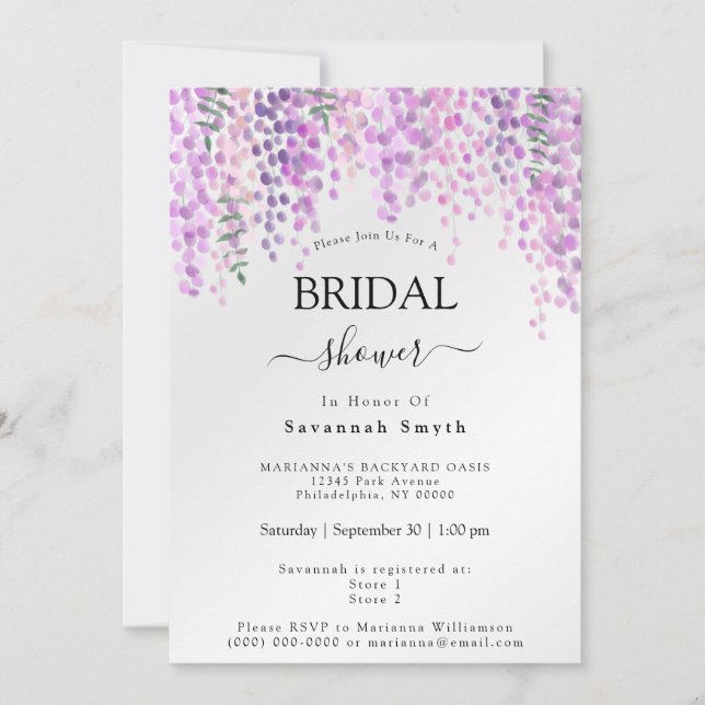 Invitation Fête des mariées rose Wisteria Floral Aquarelle (Devant)