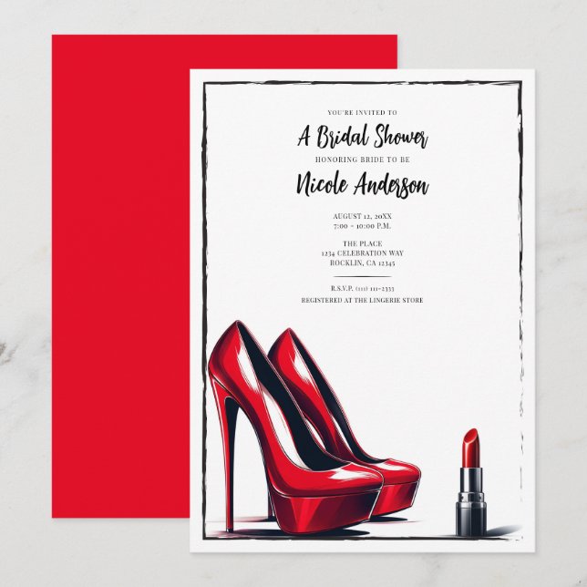 Invitation Fête des mariées rouge haute talons et bâton à lèv (Devant / Derrière)