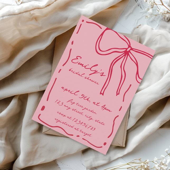 Invitation Fête des mariées rouge rose foncé à la main (Bow Preppy Coquette Pink and Red Quirky Bridal Shower Invitation)