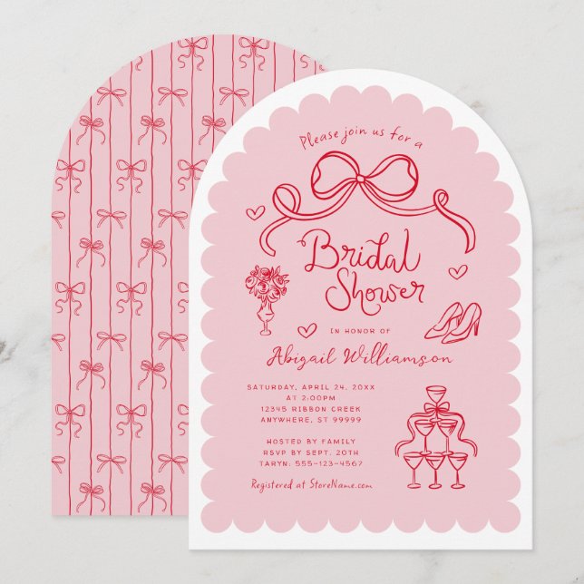 Invitation Fête des mariées rouge rose Whimsical Retro (Devant / Derrière)