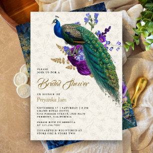 Invitation Fête des mariées Royal Blue Purple Floral Peacock