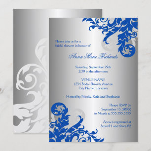 Invitation Fête des mariées royale bleue et argentée
