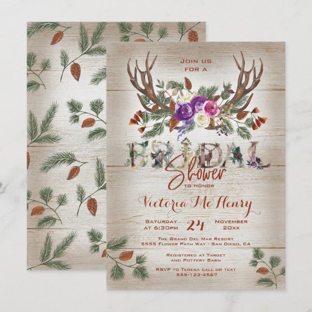 Invitation Fête des mariées Rustic Antlers & Pine Branches (Devant / Derrière)