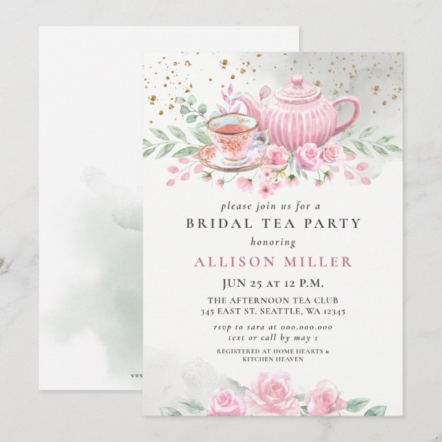 Invitation Fête des mariées Rustique Blush Pink Gold Tea Part (Devant / Derrière)