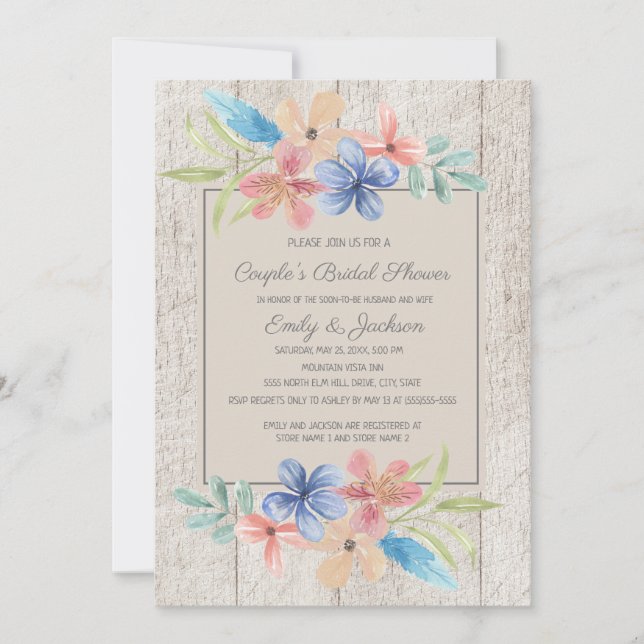 Invitation Fête des mariées Rustique Bois rose bleu Floral Co (Devant)