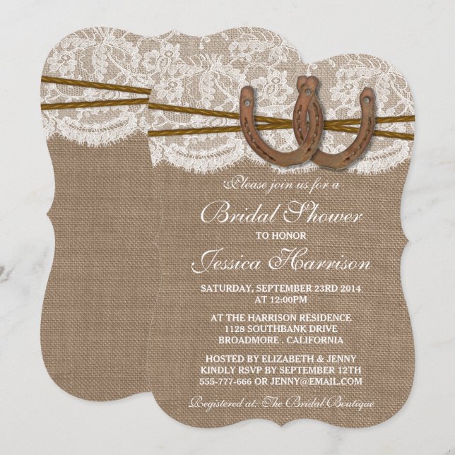 Invitation Fête des mariées Rustique Burlap & Lace Horseshoe (Devant / Derrière)