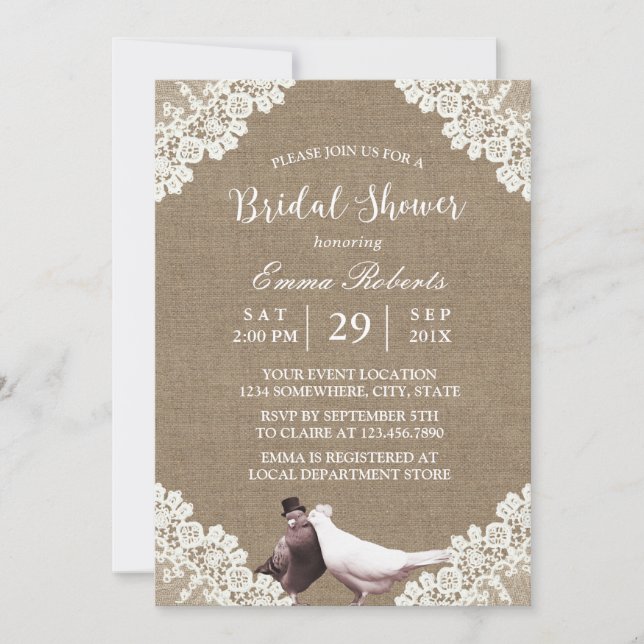 Invitation Fête des mariées Rustique Burlap White Lace Lovebi (Devant)