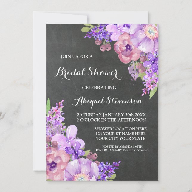 Invitation Fête des mariées Rustique Chalkboard Purple Flower (Dos)