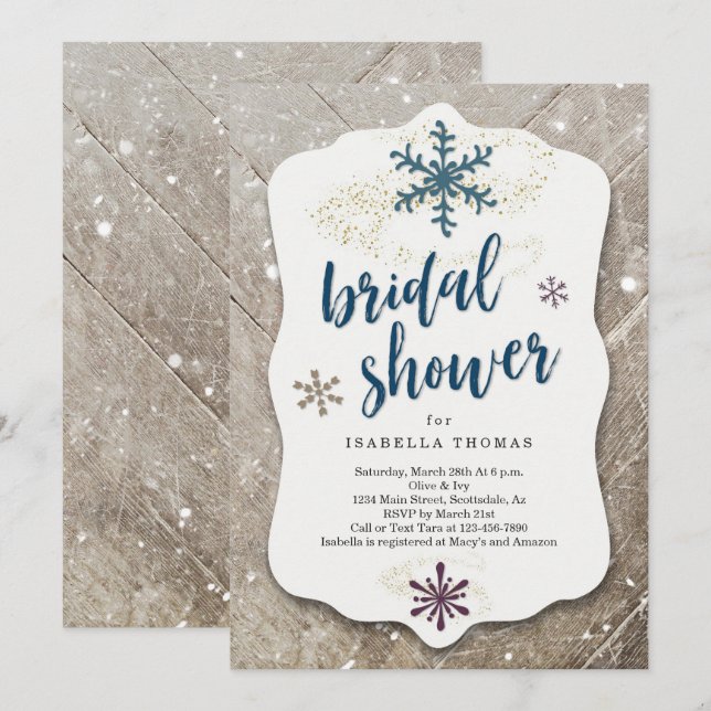 Invitation Fête des mariées Rustique de neige hivernale (Devant / Derrière)