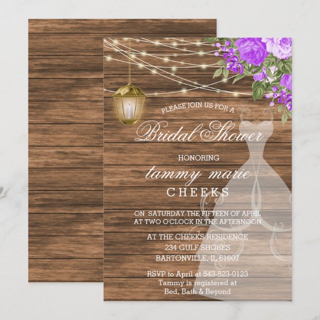 Invitation Fête des mariées rustique en bois de grange - viol (Devant / Derrière)