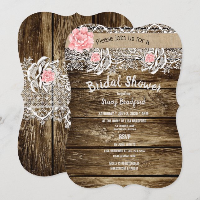 Invitation Fête des mariées rustique en bois et dentelle (Devant / Derrière)