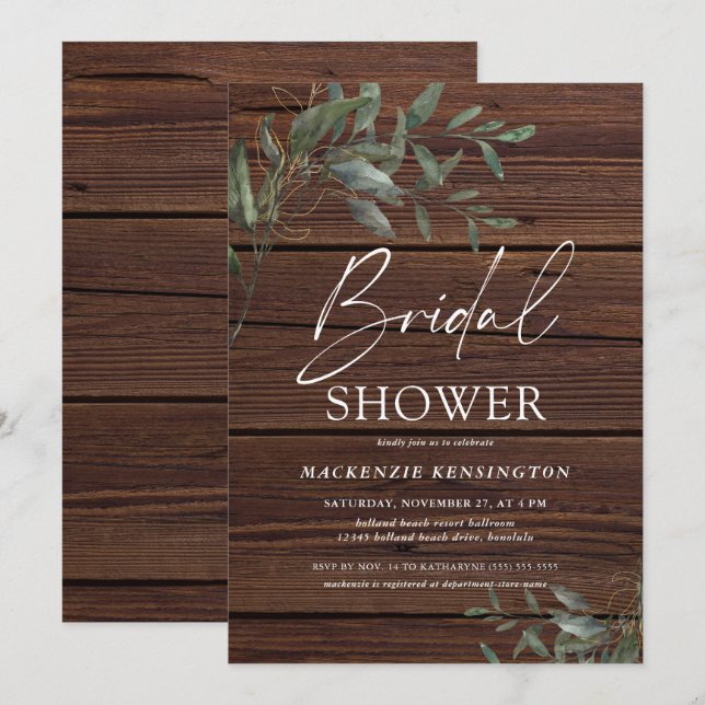 Invitation Fête des mariées rustique Eucalyptus Or Elégant Bo (Devant / Derrière)