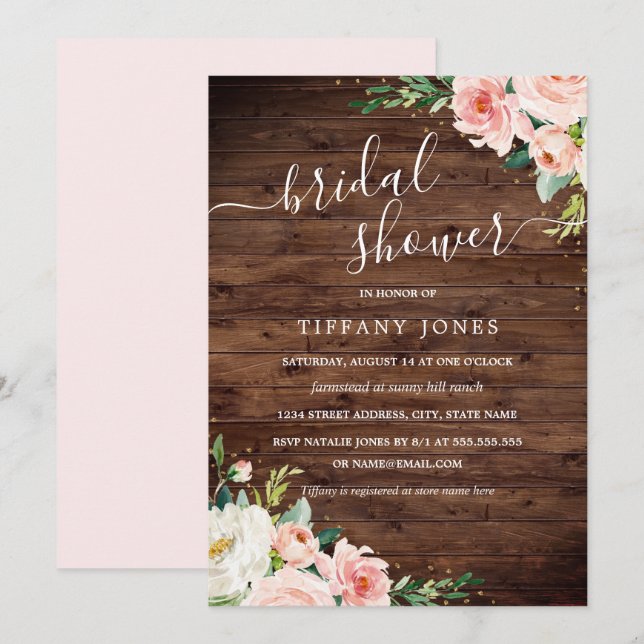 Invitation Fête des mariées Rustique Floral Gold Blush (Devant / Derrière)