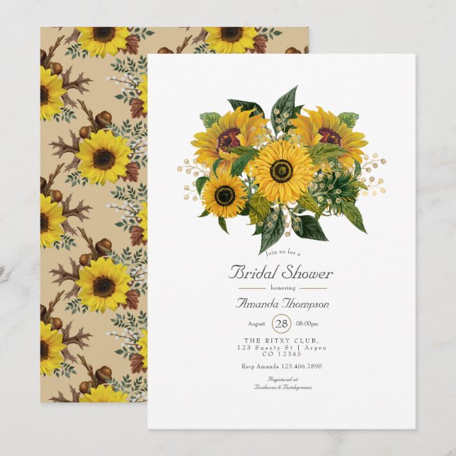 Invitation Fête des mariées rustique Tournesol Country (Devant / Derrière)