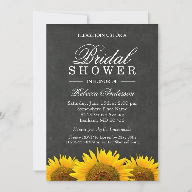 Invitation Fête des mariées Rustique Tournesol noir Chalkboar (Devant)