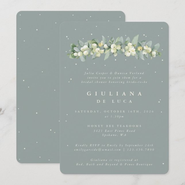 Invitation Fête des mariées Seafoam Green Snowberry+Eucalyptu (Devant / Derrière)