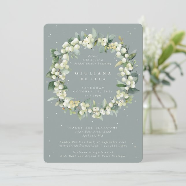 Invitation Fête des mariées Seafoam Green Snowberry+Eucalyptu (Debout devant)