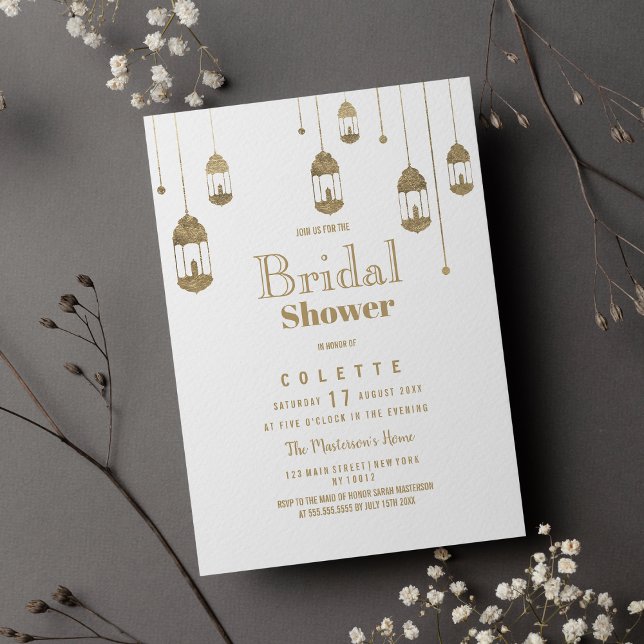 Invitation Fête des mariées simple de feux de lanterne en or  (Simple white gold lantern lights Bridal Shower Invitation )