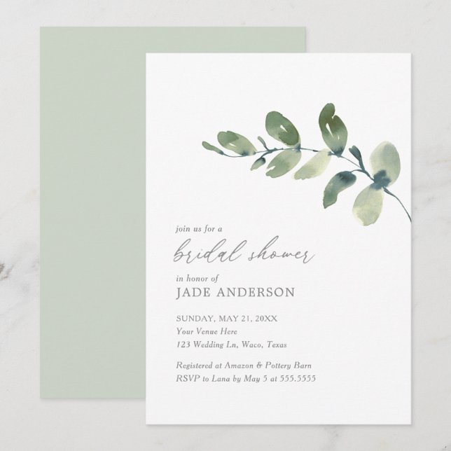 Invitation Fête des mariées simple d'Eucalyptus aquarelle (Devant / Derrière)