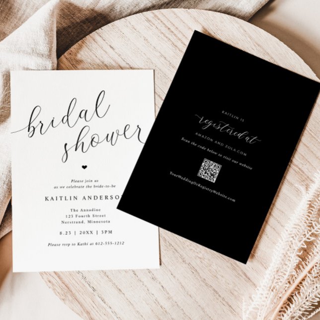 Invitation Fête des mariées simple moderne (Modern Black and White Bridal Shower Invitations with QR Code Registry on Back - Swirly Script)