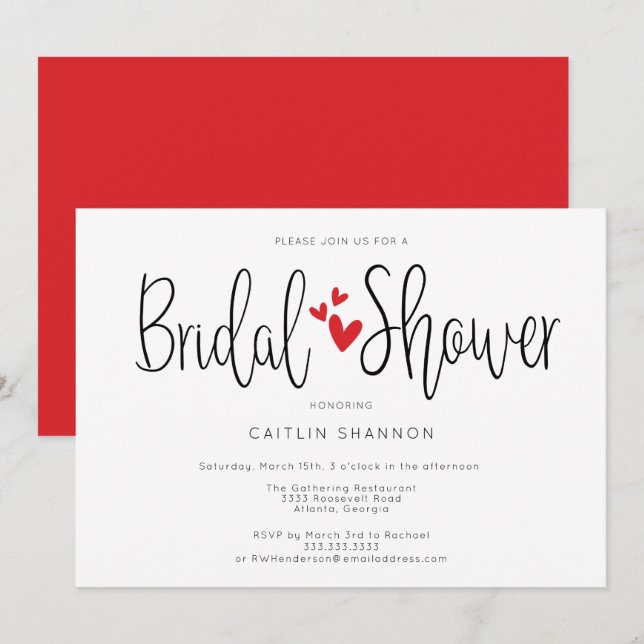 Invitation Fête des mariées Simple Red Hearts Calligraphie (Devant / Derrière)