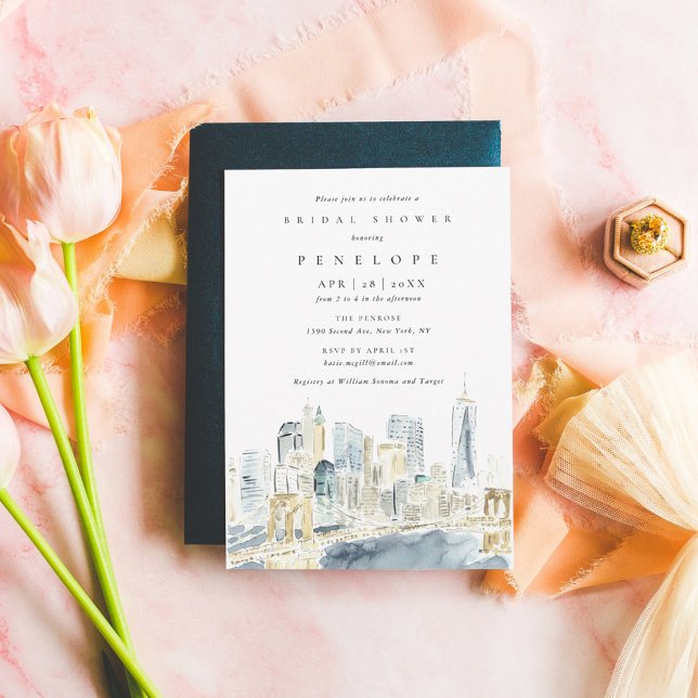 Invitation Fête des mariées Skyline de New York (New York City skyline watercolor bridal shower invitation.)