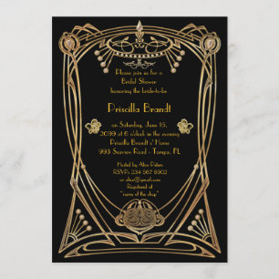 Invitation Fête des mariées, Style Gatsby, noir & or, art déc