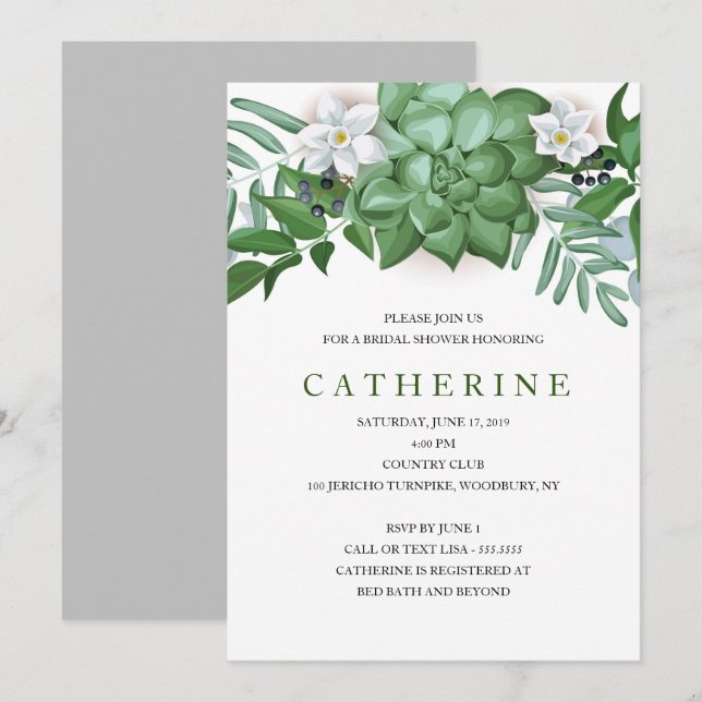 Invitation Fête des mariées succulente et fleurie (Devant / Derrière)