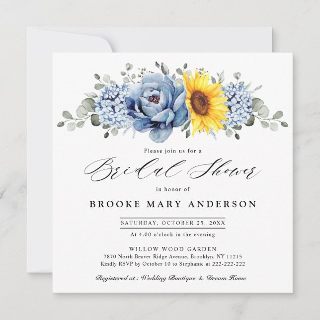 Invitation Fête des mariées Sunflower Dusty Blue Slate Peony (Devant)