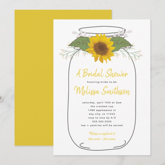 Invitation Fête des mariées Sunflower Mason Jar | BLANCHE (Devant / Derrière)