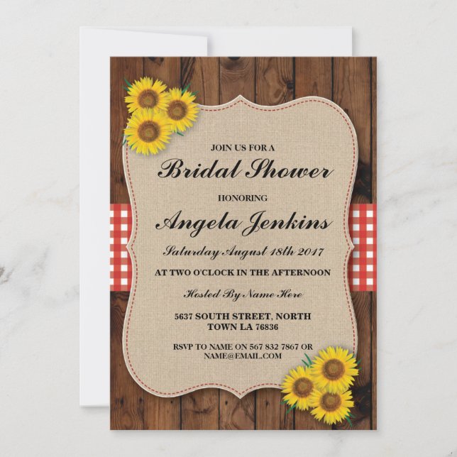 Invitation Fête des mariées Sunflower Wood Burlap Floral Invi (Devant)