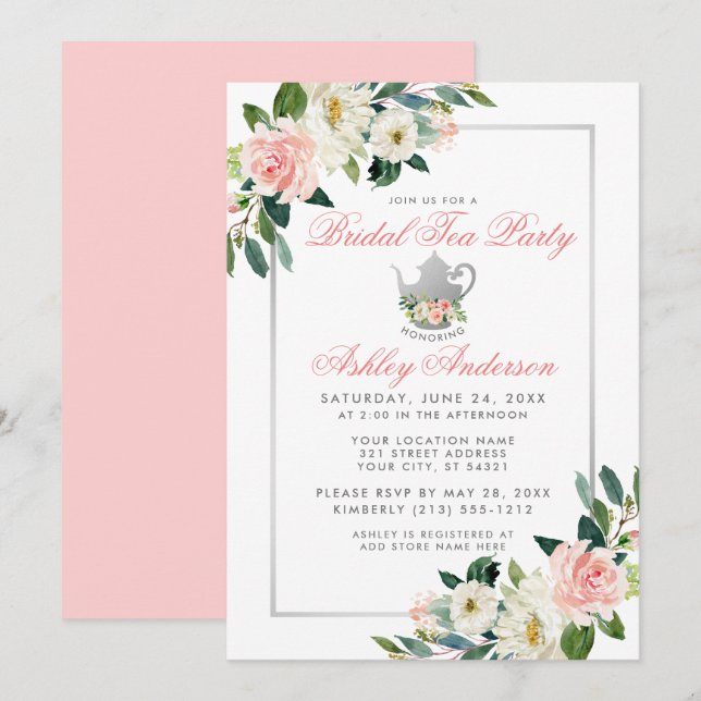 Invitation Fête des mariées Tea Party Argent Floral rose Invi (Devant / Derrière)