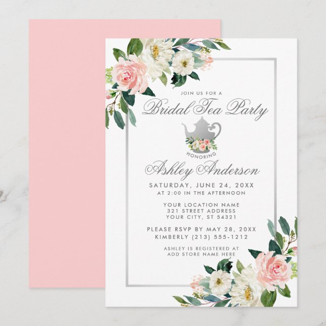 Invitation Fête des mariées Tea Party Argent rose Floral Invi (Devant / Derrière)