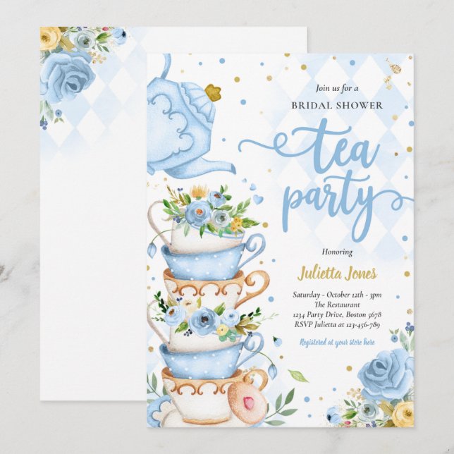 Invitation Fête des mariées Tea Party Bleu Et Or Floral (Devant / Derrière)