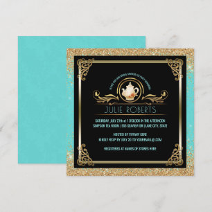 Invitation Fête des mariées Tea Party Blue Gold Parties scint