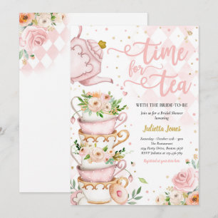 Invitation Fête des mariées Tea Party Blush rose et or Floral