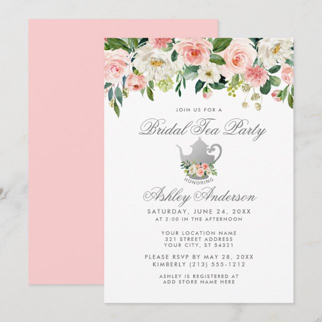 Invitation Fête des mariées Tea Party Floral rose Argent Invi (Devant / Derrière)