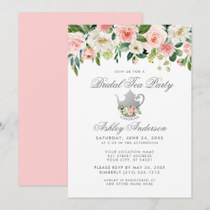 Invitation Fête des mariées Tea Party Floral rose Argent Invi
