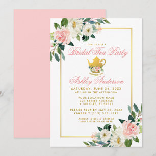 Invitation Fête des mariées Tea Party Gold rose Floral Invita